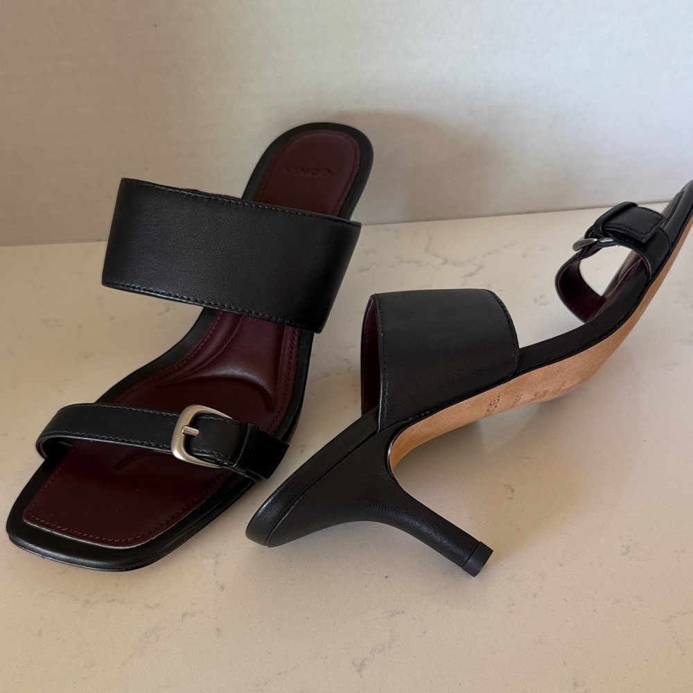 Vince Leandra Heels Black Leather & Bordeaux | Women’s Size 6 | New Without Box - Picture 3 of 3